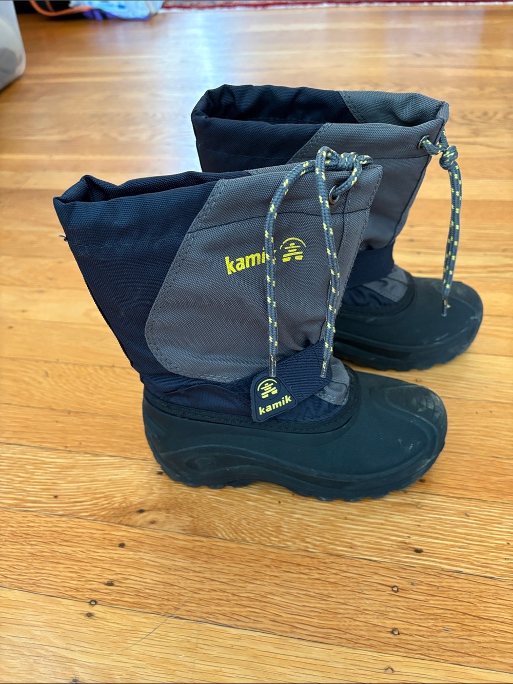 Kamik Kids Black and Gray Waterproof Snow Boot with Yellow Accents